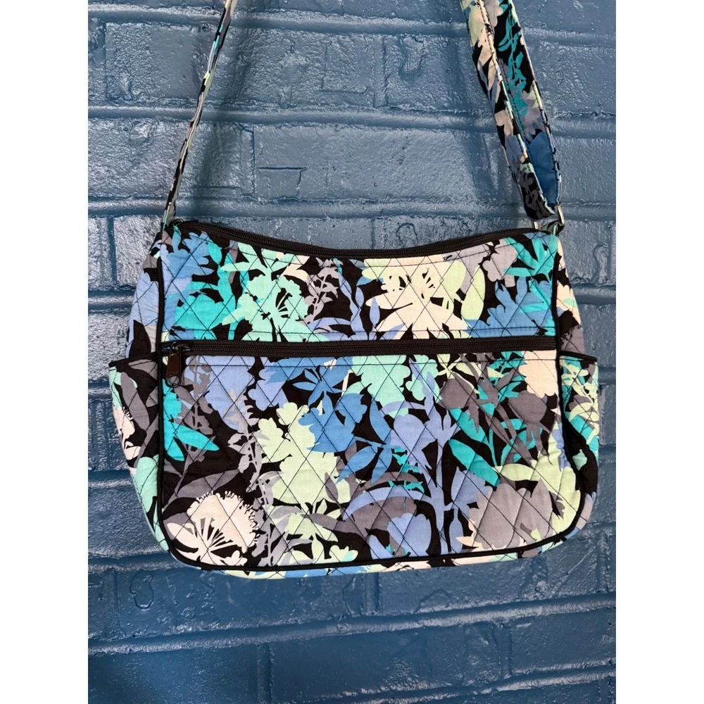 Vera Bradley Quilted Cotton Crossbody Bag Blue Green Floral Leaf Print Zip Top